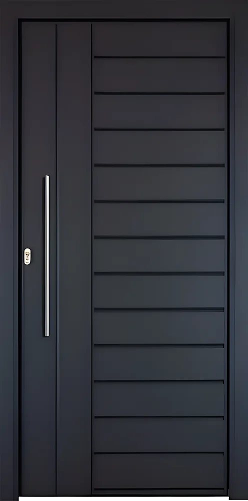 Puerta blindada modelo Copenhague, gris de cantería horizontal en alto relieve