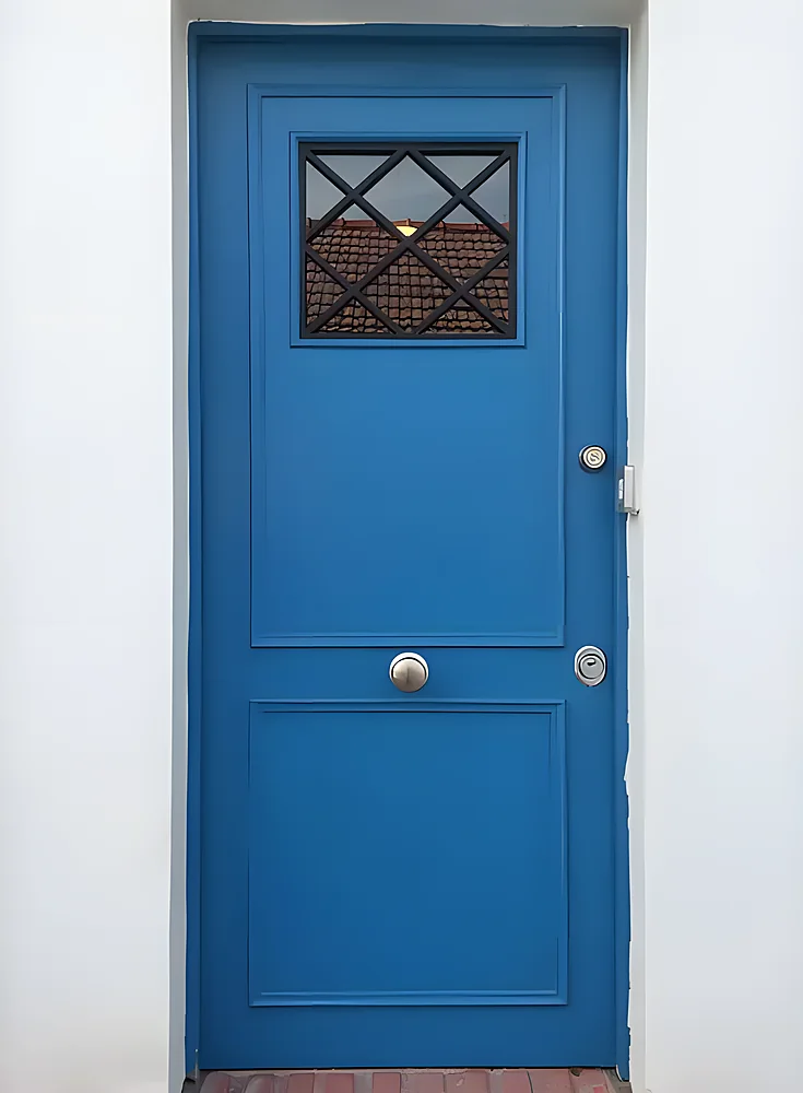 Puerta blindada modelo La Habana, azul con ventanilla enrejada