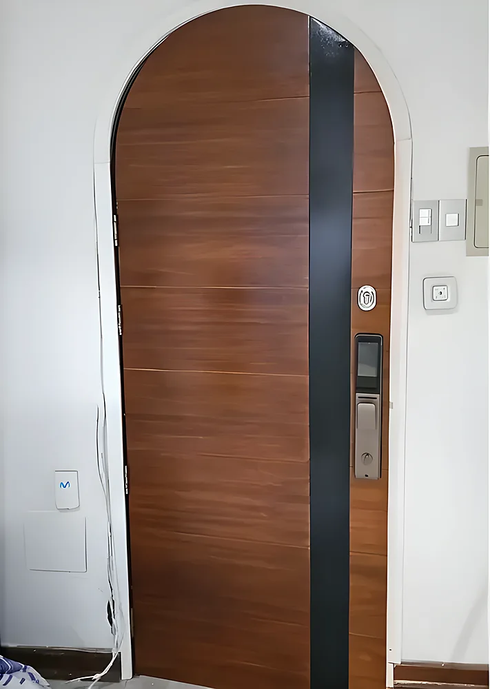 Puerta blindada modelo Montevideo, lisa con remate curvo superior