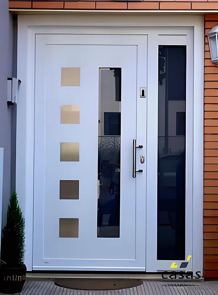 Puerta blindada modelo Saná, blanca con vidrios y paño lateral